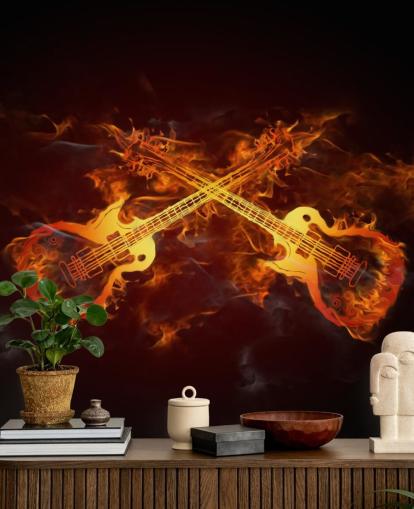 orange and red guitar wallpaper mural called Guitars on Fire at Wallsauce for bedrooms, bars and venues orange and red guitar wallpaper mural called Guitars on Fire at Wallsauce for bedrooms, bars and venues