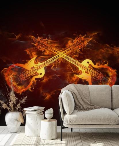 mural de papel pintado de guitarra naranja y rojo llamado Guitars on Fire at Wallsauce para dormitorios, bares y locales