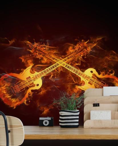Orangefarbenes und rotes Gitarrentapeten-Wandbild mit dem Titel Guitars on Fire at Wallsauce für Schlafzimmer, Bars und Veranstaltungsorte