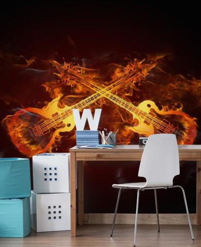 Orangefarbenes und rotes Gitarrentapeten-Wandbild mit dem Titel Guitars on Fire at Wallsauce für Schlafzimmer, Bars und Veranstaltungsorte Orangefarbenes und rotes Gitarrentapeten-Wandbild mit dem Titel Guitars on Fire at Wallsauce für Schlafzimmer, Bars und Veranstaltungsorte