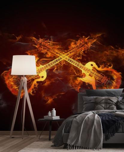 oranje en rode gitaarbehangmuurschildering genaamd Guitars on Fire at Wallsauce voor slaapkamers, bars en locaties