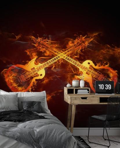 Orangefarbenes und rotes Gitarrentapeten-Wandbild mit dem Titel Guitars on Fire at Wallsauce für Schlafzimmer, Bars und Veranstaltungsorte