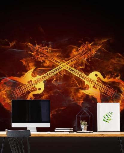 mural de papel de parede de guitarra laranja e vermelho chamado Guitars on Fire at Wallsauce para quartos, bares e locais