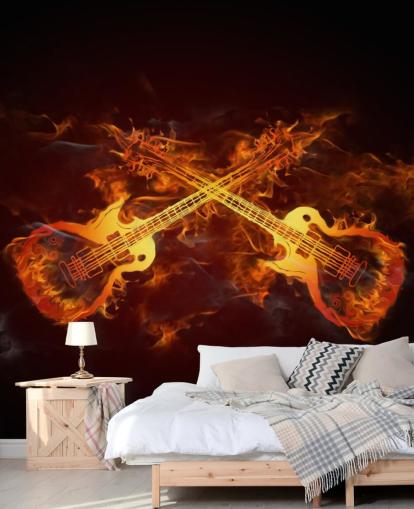 oranje en rode gitaarbehangmuurschildering genaamd Guitars on Fire at Wallsauce voor slaapkamers, bars en locaties