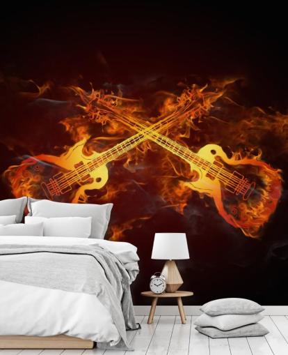orange and red guitar wallpaper mural called Guitars on Fire at Wallsauce for bedrooms, bars and venues