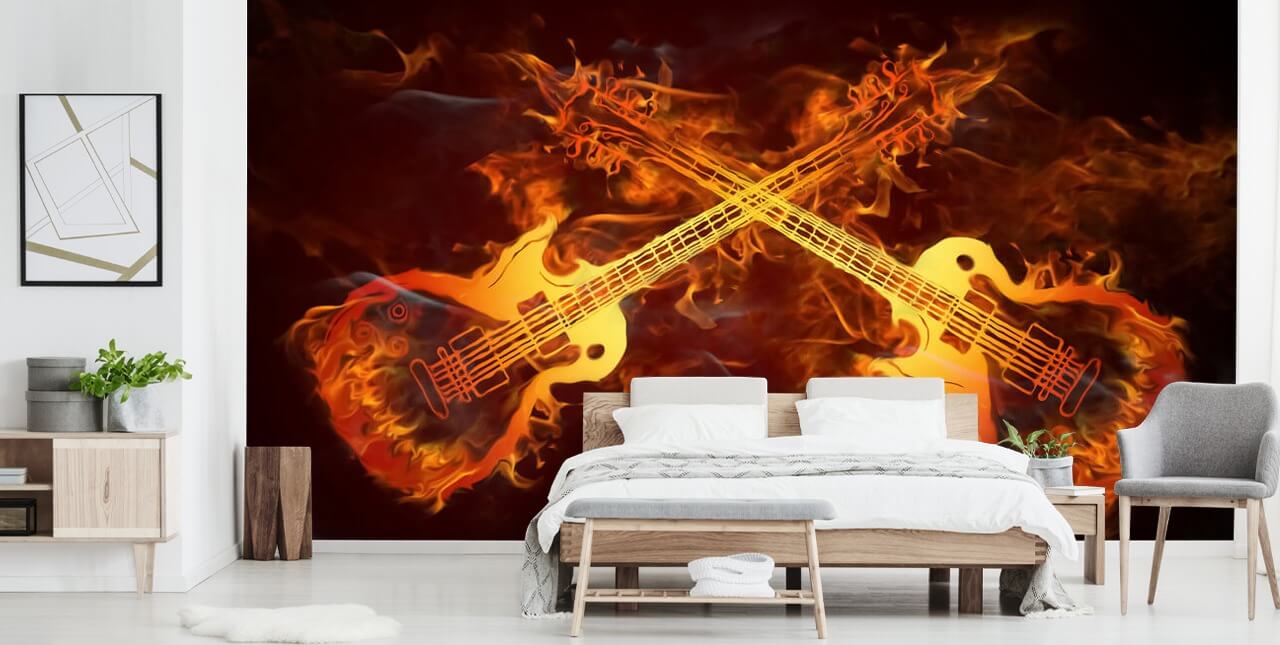mural de papel de parede de guitarra laranja e vermelho chamado Guitars on Fire at Wallsauce para quartos, bares e locais