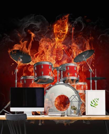 drum kit on fire wallpaper