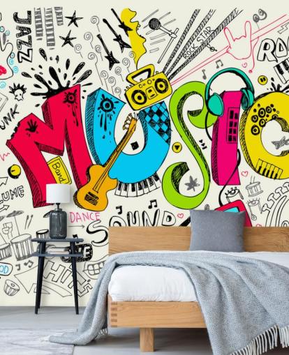 carta da parati murale personalizzabile con graffiti chiamata Music Doodle per la cameretta dei bambini
