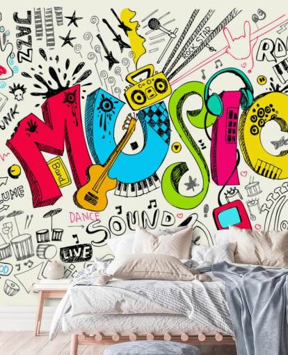 tilpasselig graffiti tapet vægmaleri kaldet Music Doodle til barnets soveværelse