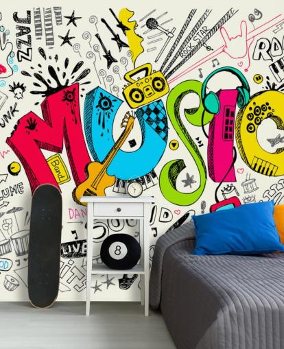 papier peint graffiti personnalisable appelé Music Doodle pour chambre d'enfant papier peint graffiti personnalisable appelé Music Doodle pour chambre d'enfant