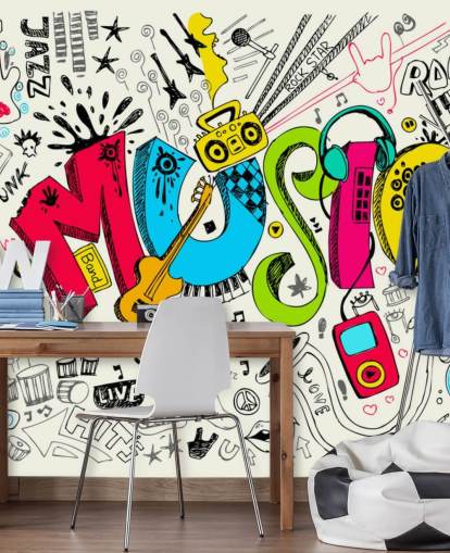 mukautettava graffiti-taustakuvamaalaus nimeltä Music Doodle lapsen makuuhuoneeseen