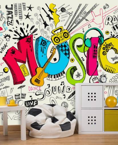 mural de papel pintado de graffiti personalizable llamado Music Doodle para dormitorio infantil mural de papel pintado de graffiti personalizable llamado Music Doodle para dormitorio infantil
