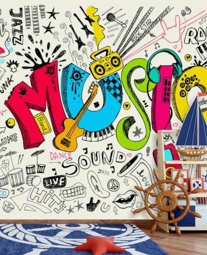 mukautettava graffiti-taustakuvamaalaus nimeltä Music Doodle lapsen makuuhuoneeseen