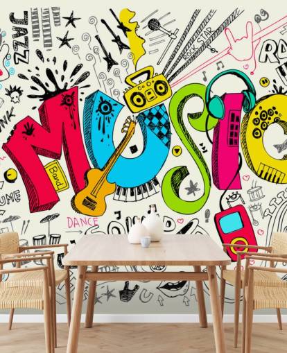 tilpasselig graffiti tapet vægmaleri kaldet Music Doodle til barnets soveværelse
