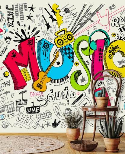 mural de papel de parede de grafite personalizável chamado Music Doodle para quarto de criança