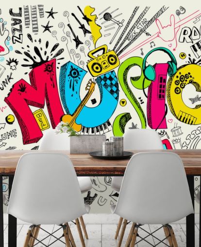 mural de papel pintado de graffiti personalizable llamado Music Doodle para dormitorio infantil