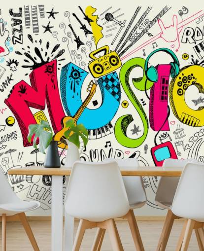 mural de papel pintado de graffiti personalizable llamado Music Doodle para dormitorio infantil