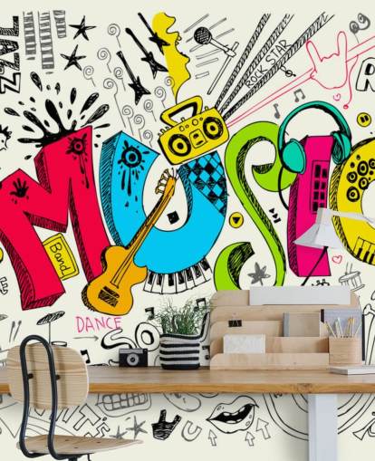 mukautettava graffiti-taustakuvamaalaus nimeltä Music Doodle lapsen makuuhuoneeseen