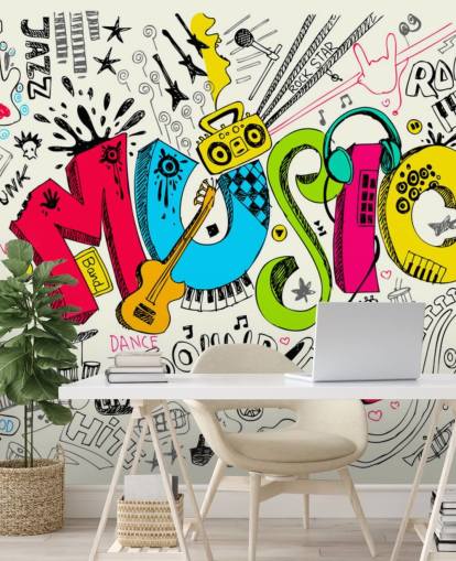 tilpasselig graffiti tapet vægmaleri kaldet Music Doodle til barnets soveværelse