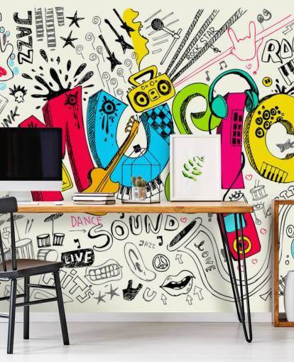 personalisierbare Graffiti-Tapete namens Music Doodle für das Kinderzimmer