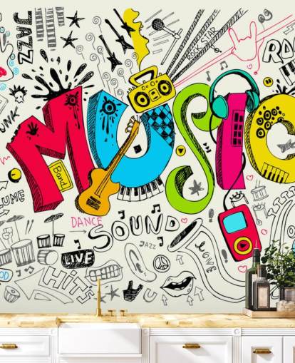 tilpassbar graffiti tapet veggmaleri kalt Music Doodle for barnets soverom