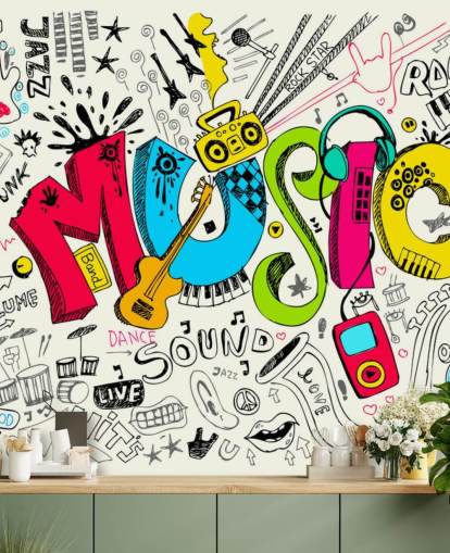 mukautettava graffiti-taustakuvamaalaus nimeltä Music Doodle lapsen makuuhuoneeseen