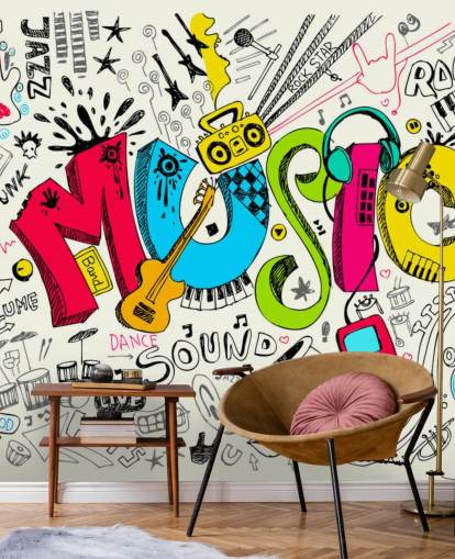 mural de papel pintado de graffiti personalizable llamado Music Doodle para dormitorio infantil
