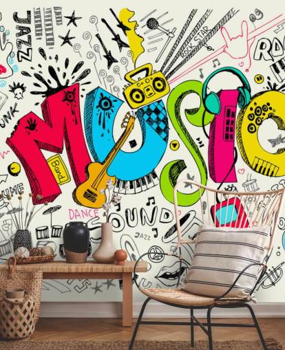 mural de papel de parede de grafite personalizável chamado Music Doodle para quarto de criança