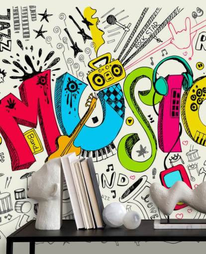 papier peint graffiti personnalisable appelé Music Doodle pour chambre d'enfant