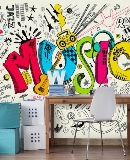 aanpasbare graffitibehangmuurschildering genaamd Music Doodle voor de kinderkamer