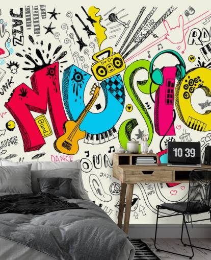 carta da parati murale personalizzabile con graffiti chiamata Music Doodle per la cameretta dei bambini