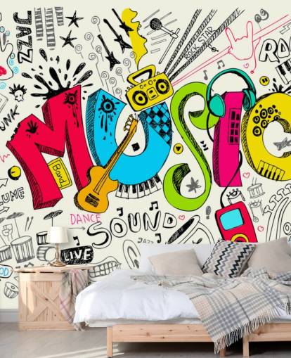 personalisierbare Graffiti-Tapete namens Music Doodle für das Kinderzimmer personalisierbare Graffiti-Tapete namens Music Doodle für das Kinderzimmer