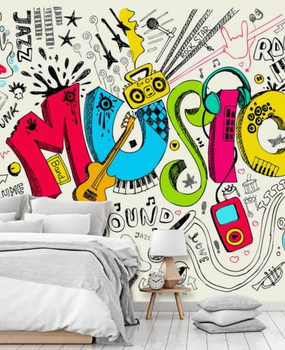 mural de papel de parede de grafite personalizável chamado Music Doodle para quarto de criança mural de papel de parede de grafite personalizável chamado Music Doodle para quarto de criança
