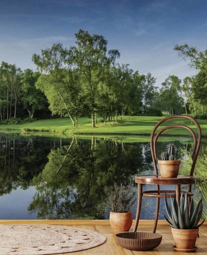 Amanecer al otro lado del lago, Cottesmore Hotel, Golf & Country Club, West Sussex, Inglaterra Fondo de pantalla