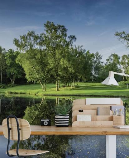 Amanecer al otro lado del lago, Cottesmore Hotel, Golf & Country Club, West Sussex, Inglaterra Fondo de pantalla