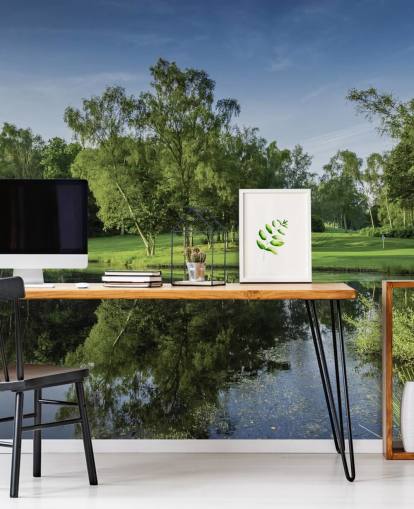 Amanecer al otro lado del lago, Cottesmore Hotel, Golf & Country Club, West Sussex, Inglaterra Fondo de pantalla