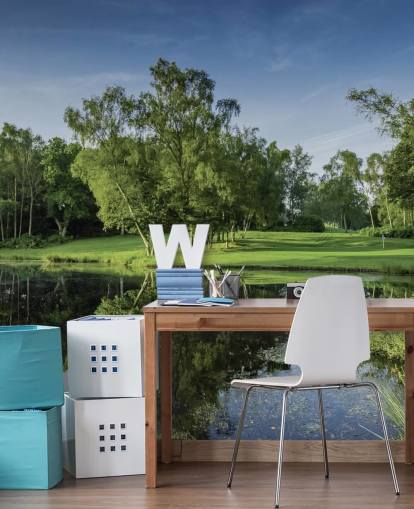 Amanhecer do outro lado do lago, Cottesmore Hotel, Golf & Country Club, West Sussex, Inglaterra Papel de Parede