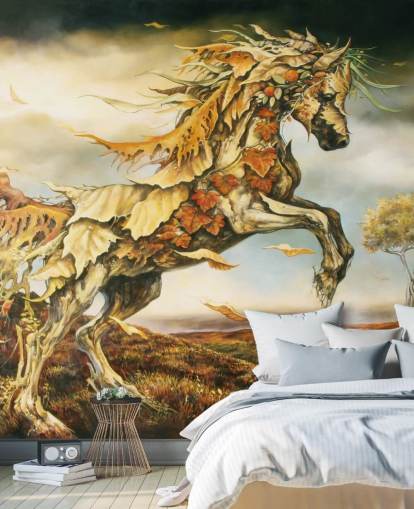 Mural Caballo otoñal hecho de hojas