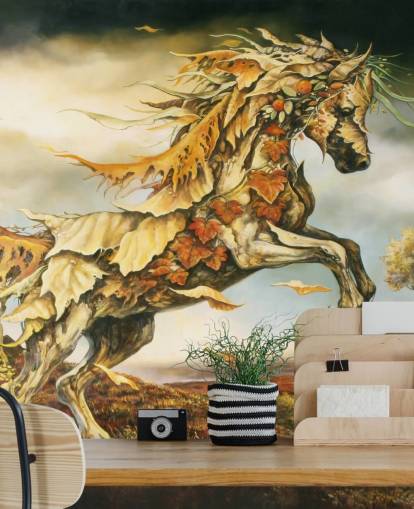 Efterår Horse lavet af blade Mural Efterår Horse lavet af blade Mural