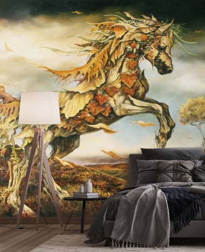 Mural Caballo otoñal hecho de hojas