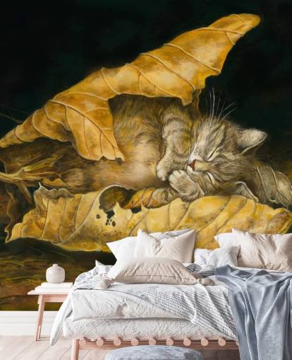 kitten asleep in autumn leaves print