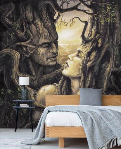 mural de papel pintado marrón de un bosque de fantasía llamado La pareja de Severine Pineaux para dormitorios