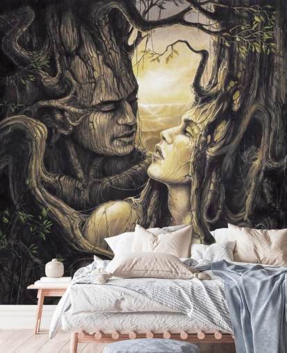 brown fantasy forest wallpaper mural called The Couple by Severine Pineaux for bedrooms