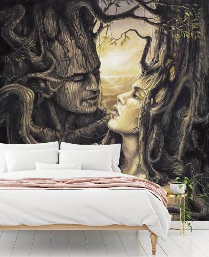 bruine fantasiebosbehangmuurschildering genaamd The Couple van Severine Pineaux voor slaapkamers bruine fantasiebosbehangmuurschildering genaamd The Couple van Severine Pineaux voor slaapkamers