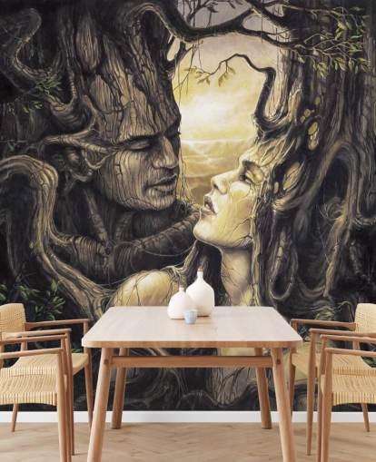 mural de papel pintado marrón de un bosque de fantasía llamado La pareja de Severine Pineaux para dormitorios