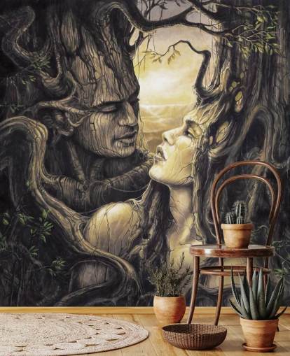 mural de papel de parede marrom fantasy forest chamado The Couple, de Severine Pineaux, para quartos