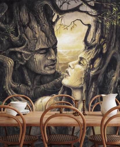 brown fantasy forest wallpaper mural called The Couple by Severine Pineaux for bedrooms