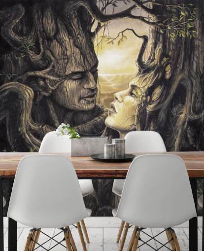 mural de papel pintado marrón de un bosque de fantasía llamado La pareja de Severine Pineaux para dormitorios