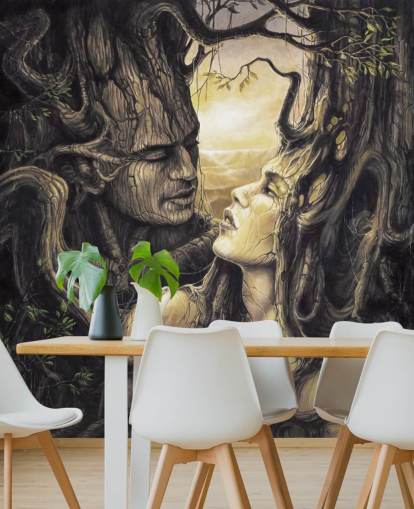 papier peint mural marron de la forêt fantastique appelé The Couple de Séverine Pineaux pour les chambres