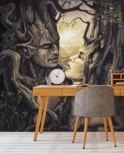 mural de papel pintado marrón de un bosque de fantasía llamado La pareja de Severine Pineaux para dormitorios mural de papel pintado marrón de un bosque de fantasía llamado La pareja de Severine Pineaux para dormitorios